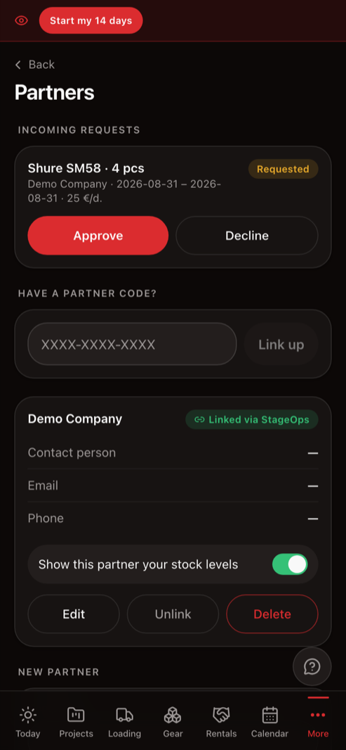 The partners screen with an incoming subrental request