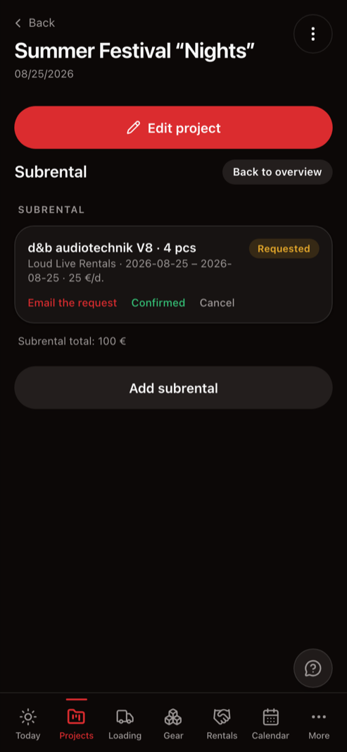 The subrental screen in StageOps